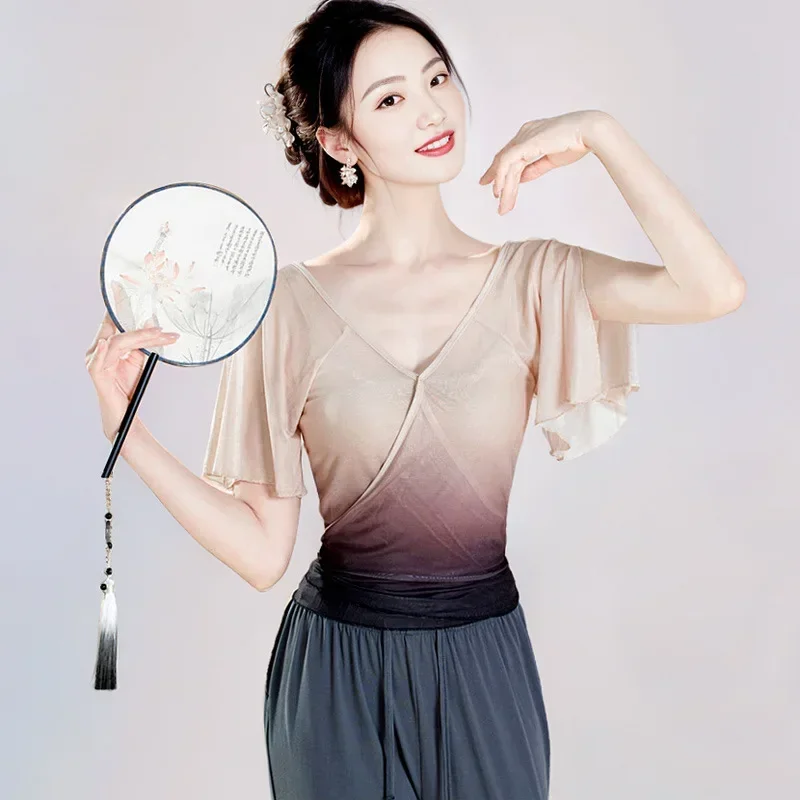 Classical dance new top practice clothes women's gradual change gauze clothes Chinese dance short sleeves straps adult art