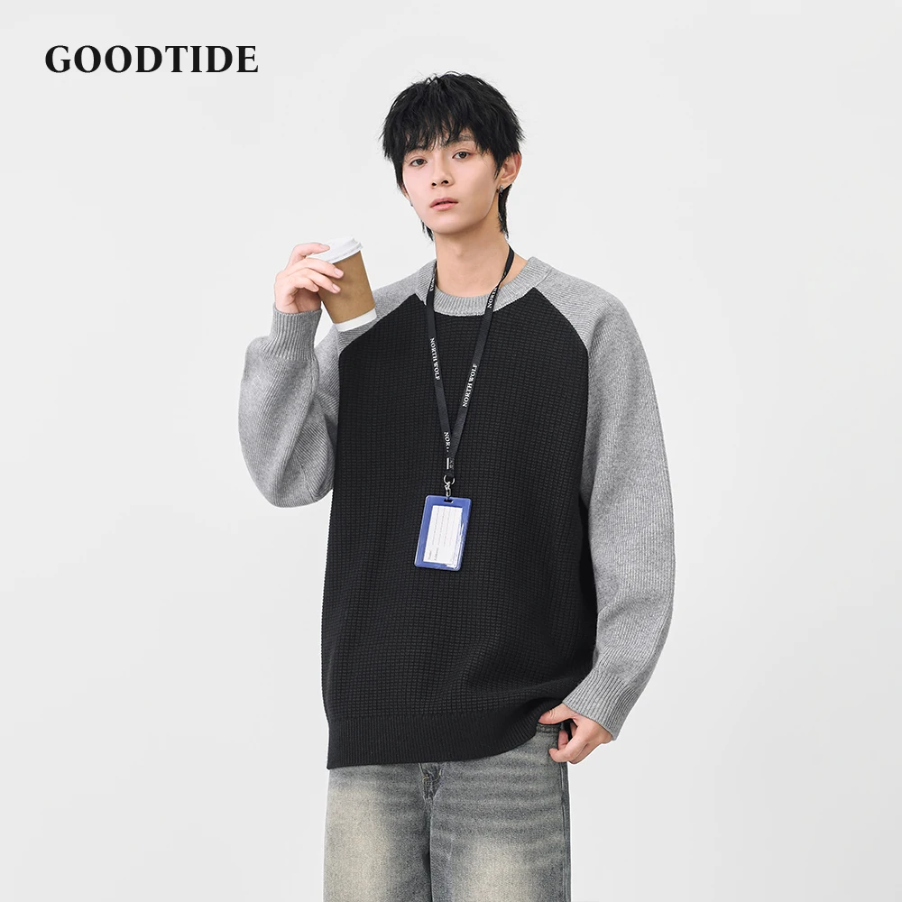 2025 Winter Fashion Men's Casual Crew Neck Sweater Contrast Raglan Sleeve Waffle Knit Pullover Soft Long Sleeve Jumper Top