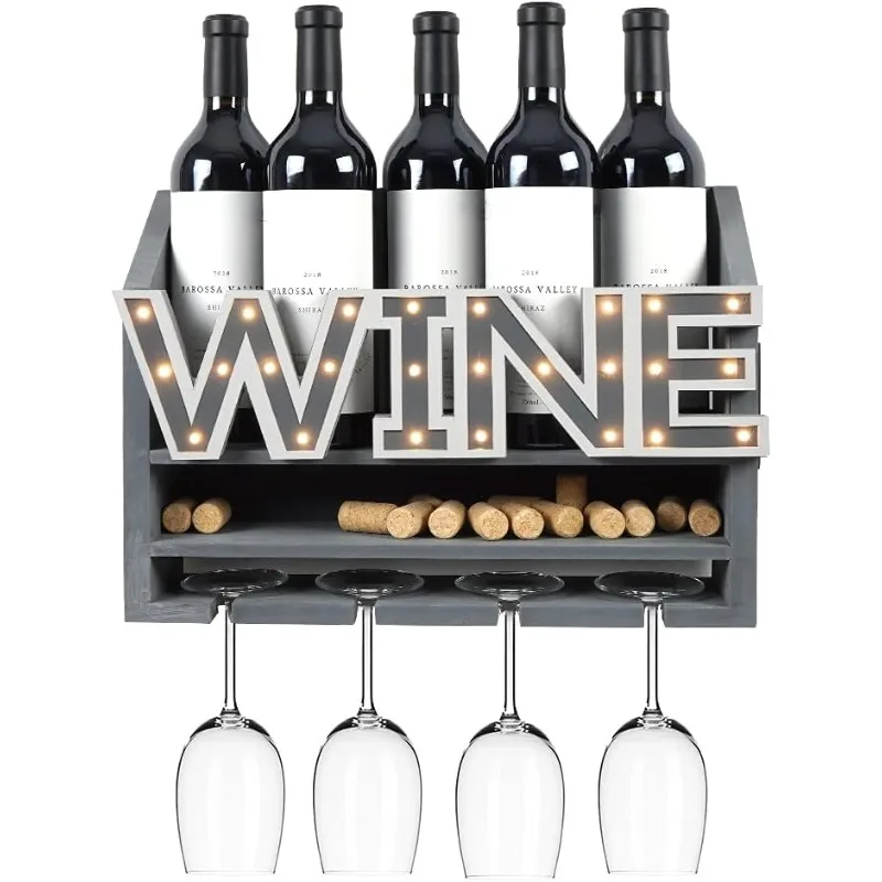 

LED Wooden Wall Mounted Wine Rack and Glass Holder –Rustic Wine Bottle & Glass Holder & Wine Cork Storage Modern Home Dec