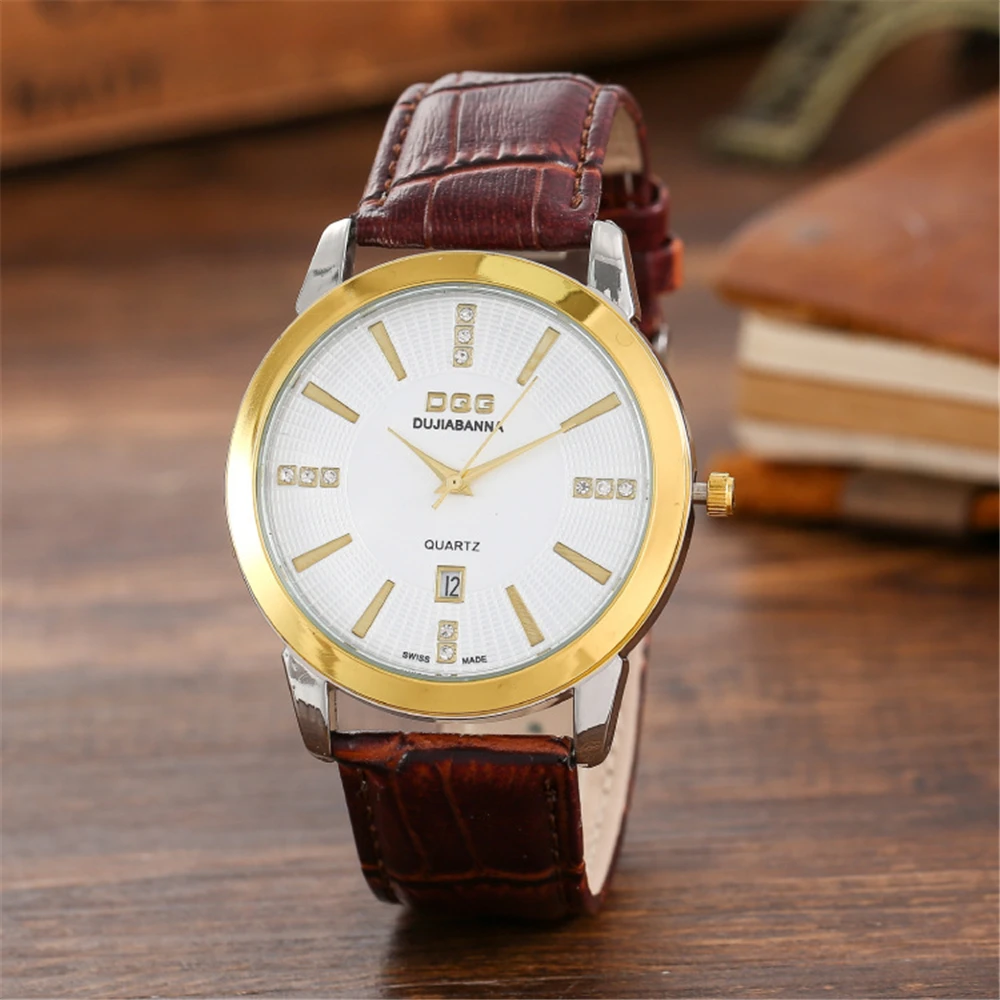 Men Luxury DQG Brand Watches Fashion Gold Case Calendar Quartz Watch Vintage Black Leather Dress Gift Clock Male Wristwatches