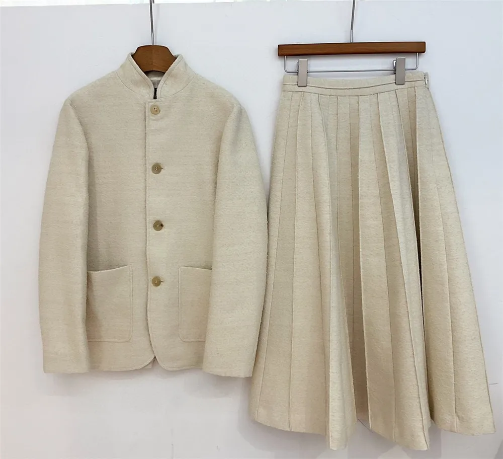 Luxurious Wool Linen Silk Blended Stand Collar Jacket Coat +High Waist Pleated Skirt Woman 2-Piece Set