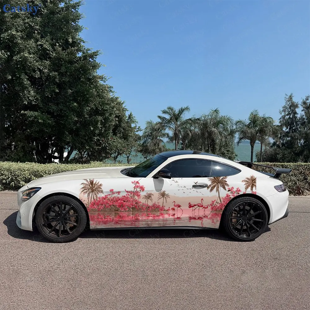 2pcs Tropical Flamingo Palm Beach Car Side Wraps, Self-Adhesive PVC Waterproof & Scratch-Resistant Stickers, Car Accessory Gift