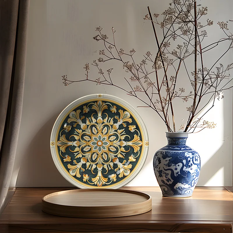 1pc Luxury Golden & Black Vintage European Floral Ceramic Wall Plate - Circular Art Deco Emblem Wall Hanging Decor for Living