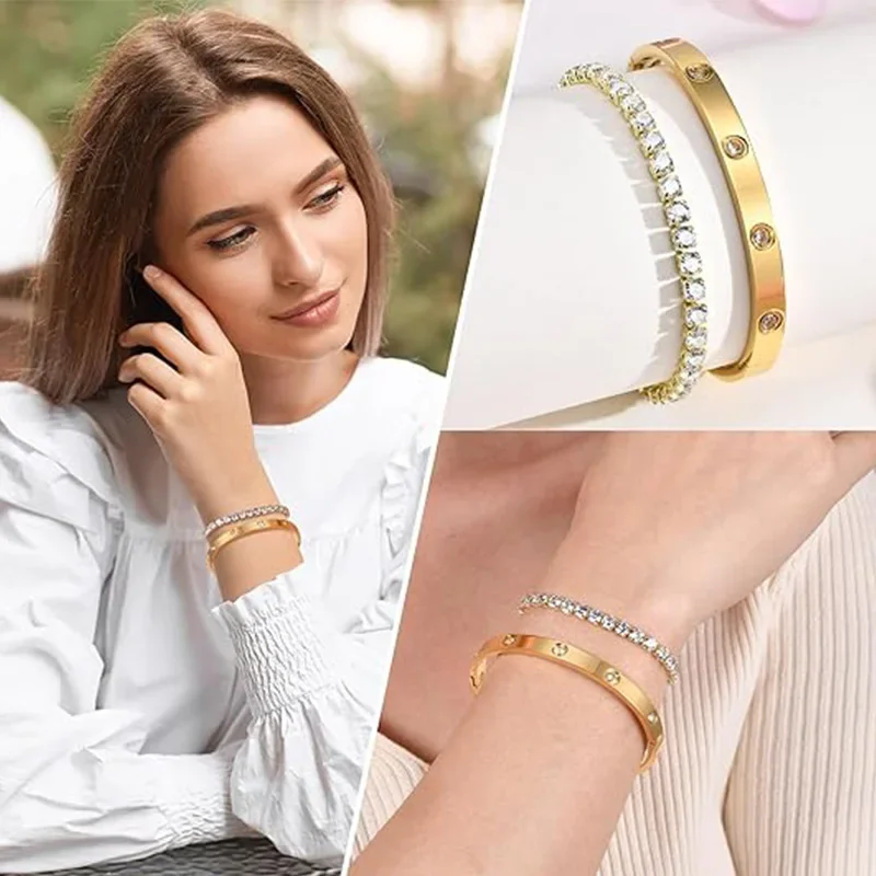2 Teile/satz 18K Gold Überzogene Zierliche Tennis Armbänder Liebe Armreif Armbänder 4/6mm Zirkonia Klassische Tennis armband für Frauen – Detail 3