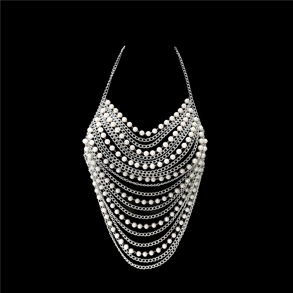 

Handmade Pearl Metal Tassel Chain Camisole For Women Sexy Backless Halter Neck See Through Hollow Body Chain Nightclub Tank Top