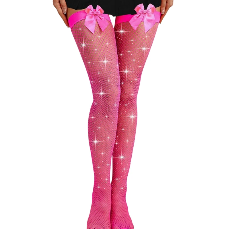 Bowknot Sparkly Stockings Porn Socks for Women Thigh High Stocking Fishnet Rhinestone Hosiery Club Party Sexy Stockings New Sale