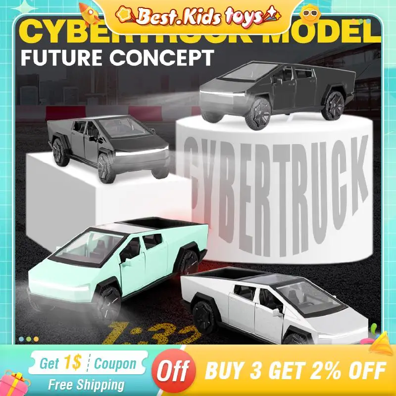 1/32 Simulation Cyber Pickup Car Pull Back Truck Alloy Model Door Openable Sound And Light Vehicle Model Kids Toys Boys Gifts