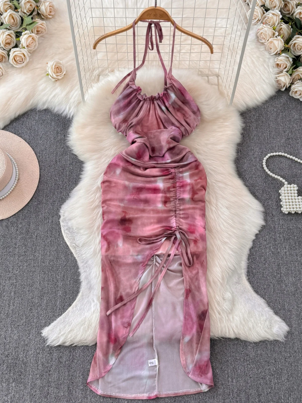 Foamlina Tie Dye Print Mesh Beach Party Dress Women Sexy Tie Up Halter Neck Sleeveless Backless Ruched Split Long Holiday Dress