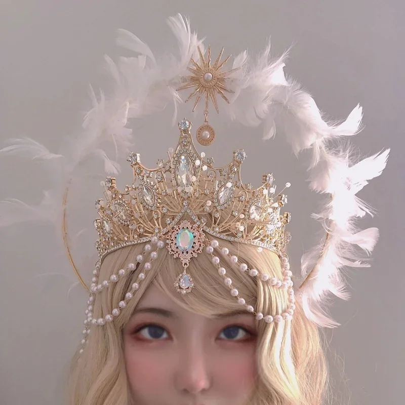 

Handmade Halo Crown Headpiece Lolita Goddess KC Gothic White Angel Feather Wings Halo Crystal Crown Headband Hair Accessories