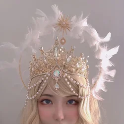 Handmade Halo Crown Headpiece Lolita Goddess KC Gothic White Angel Feather Wings Halo Crystal Crown Headband Hair Accessories