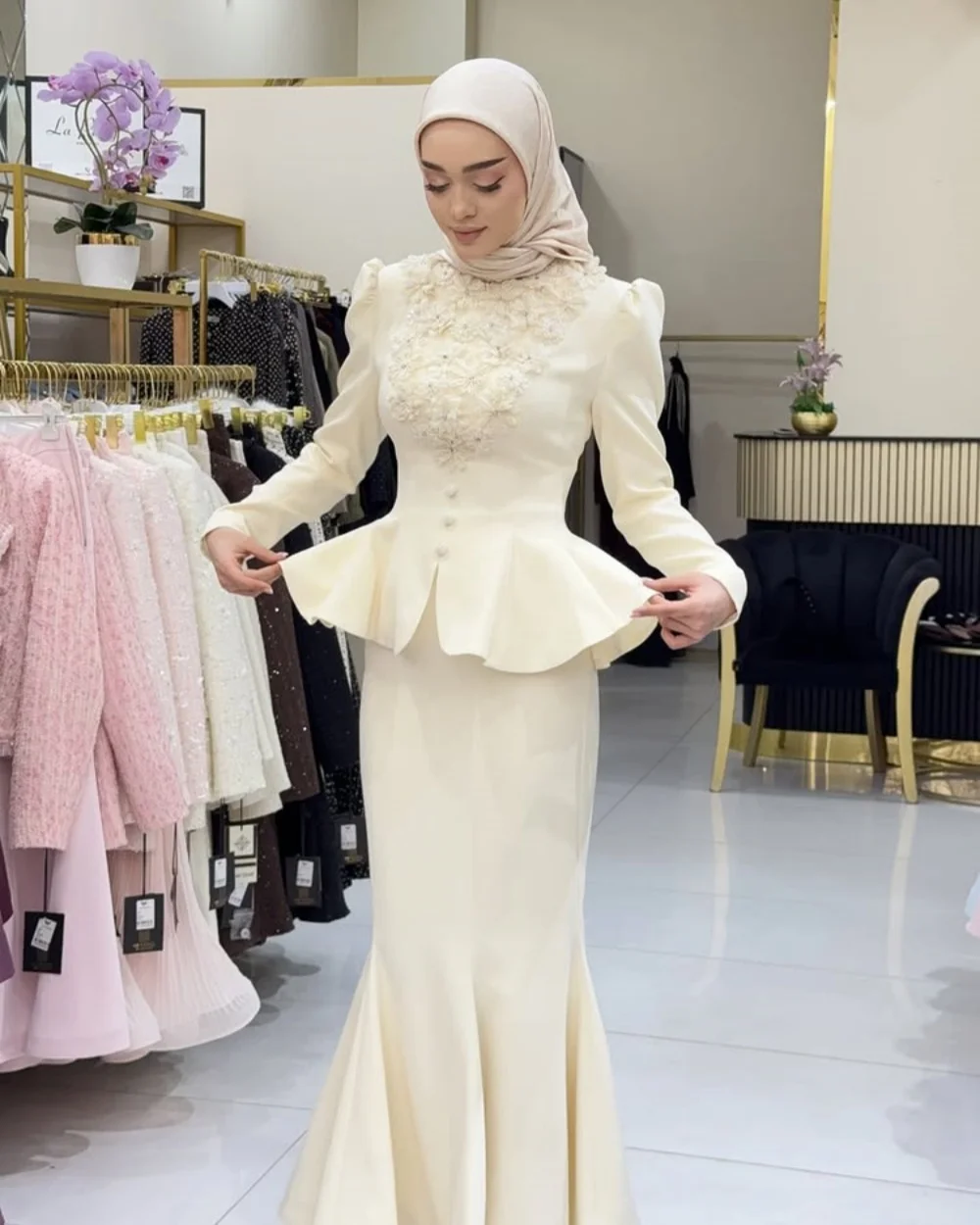 

Customized Modern Style Women Jersey Handmade Flower Rhinestone Mermaid Evening Dresses Arabic O-Neck Long Sleeves Prom Dresses