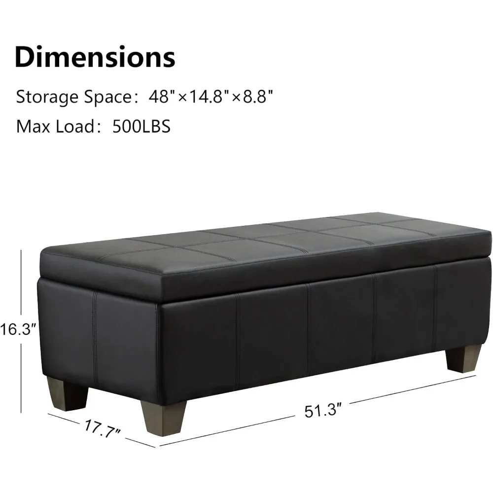 مسند مستطيل من الجلد الصناعي الأسود مع مساحة تخزين، مقعد سرير طويل جدًا لاستخدام غرفة النوم