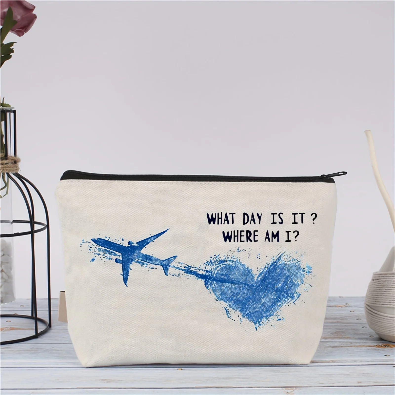 

A Airplane And Heart-shaped Design Cosmetic Bag - Cute Multifunctional Zipper Pouch For Women, Jewelry Storage Bag