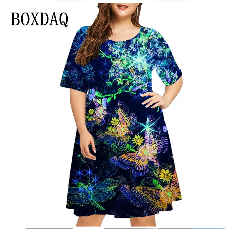 

Abstract Painting Butterfly 3D Print Dress Women Elegant Casual Short Sleeve Loose Dress Summer Fashion Clothing Plus Size Dress