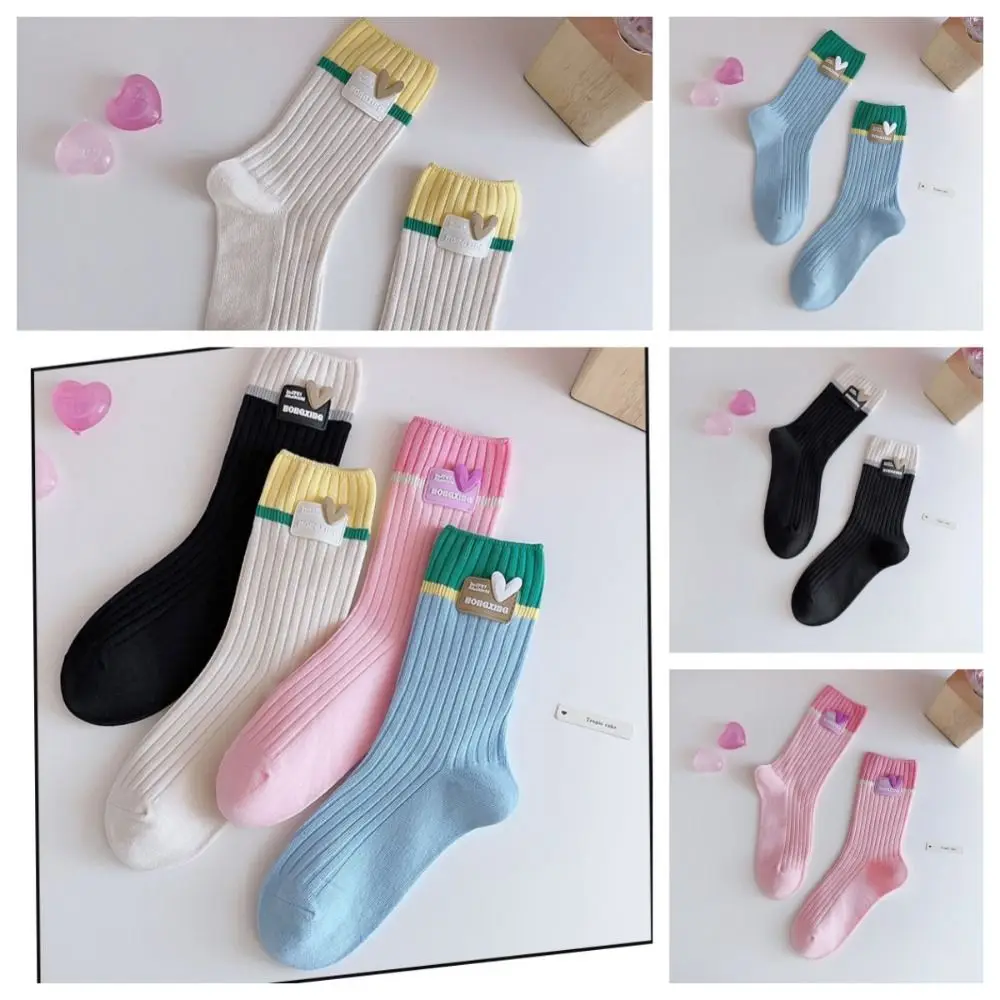 Sweet Mid-tube Color Matching Double Needle Socks Cotton Harajuku Casual Socks Soft Comfortable Female Hoisery Outdoor
