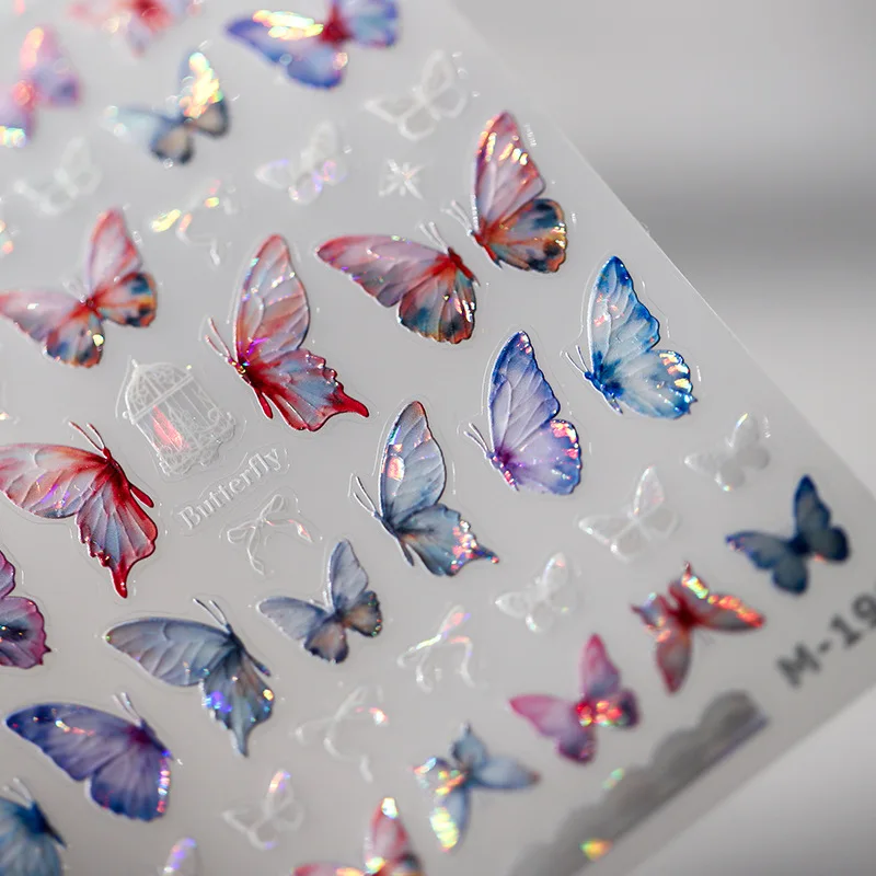 Colorful Illusion Gold Polarized Butterfly 3D Self Adhesive Nail Art Decorations Stickers Delicate Manicure Decals Wholesale