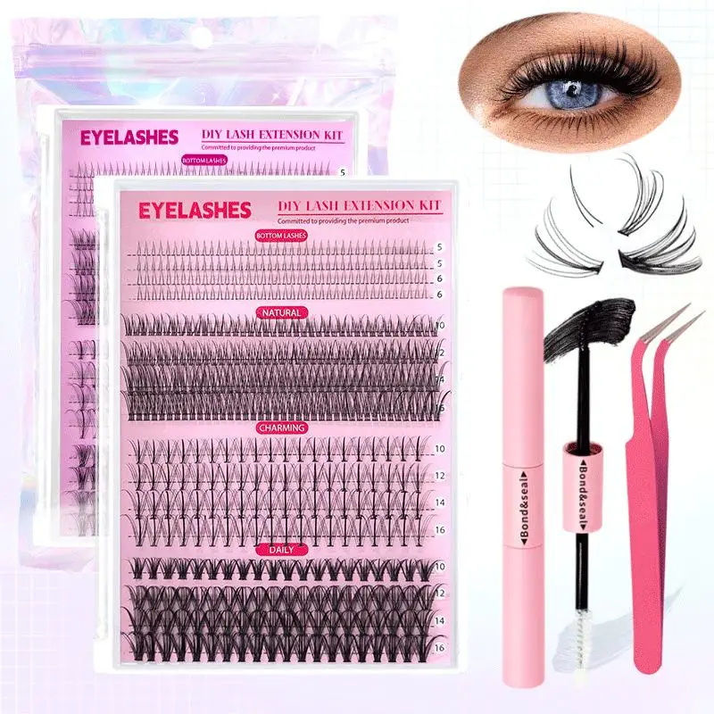 1 Set DIY Wimpernverlängerungs-Kit – Wasserfeste, dicke Mix-Cluster mit Kleber und Pinzette, Make-up-Tools für Wimpern
