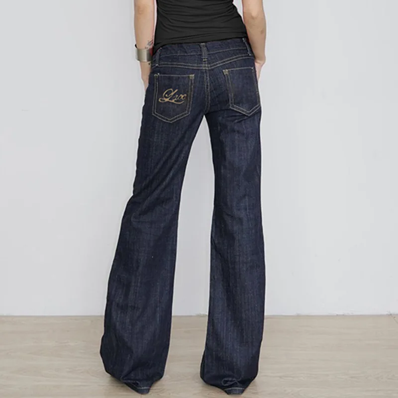 INS شارع نمط خمر السراويل الزرقاء العميقة رسالة مطرزة منخفضة الارتفاع سليم صالح الجينز تنوعا أنيق Harajuku ملابس كاجوال