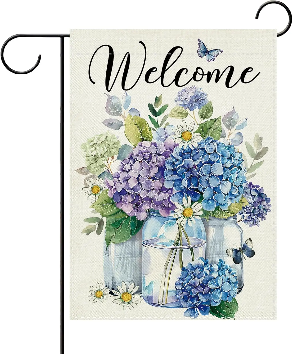 Welcome Spring Summer Hydrangea Flower Decorative Garden Flag, Blue Purple Floral Butterfly Mason Jar Small Yard Outside Dec EEZ