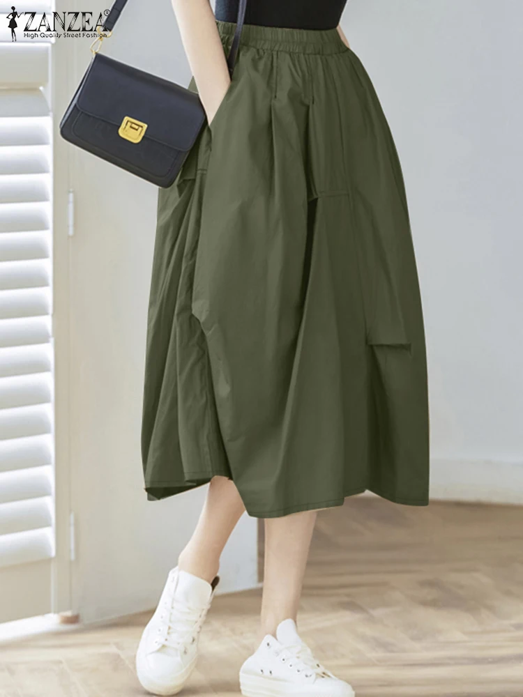 ZANZEA Femme mode drapée Midi Jupes 2025 été taille élastique a-ligne Faldas Mujer Streetwear décontracté couleur unie Jupes Femme