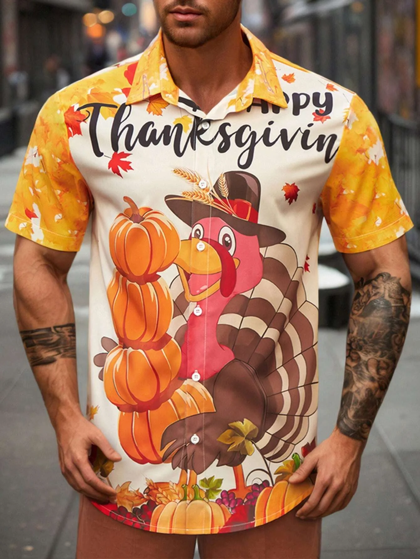 Casual Lapel Thanksgiving Shirt Tops Mens Clothing Hawaiian Shirts Mens Shirts 3d Turkey Maple Leaf Print Short Sleeve Shirts