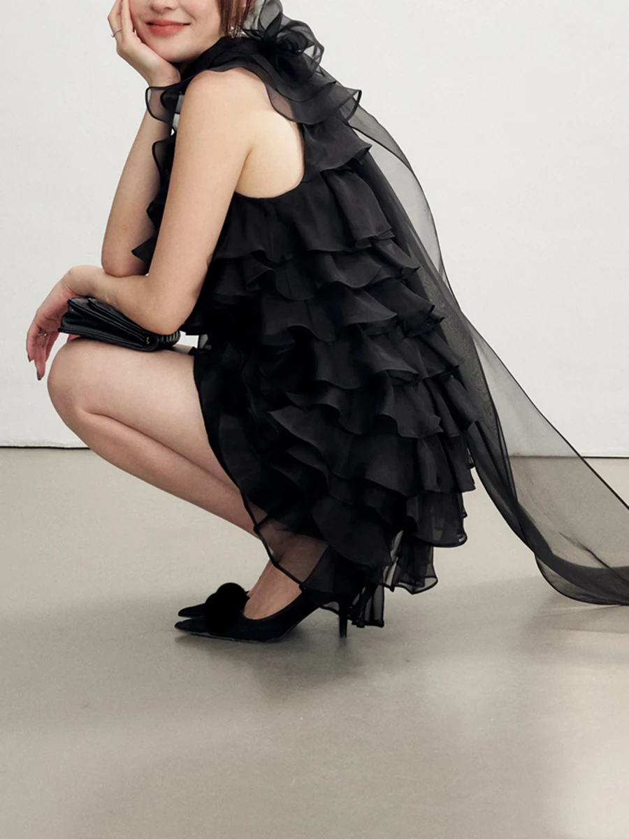 TWOTWINSTYLE Solid Patchwork Ruffles Mini Dresses For Women O Neck Sleeveless High Waist Temperament Dress Female Fashion New