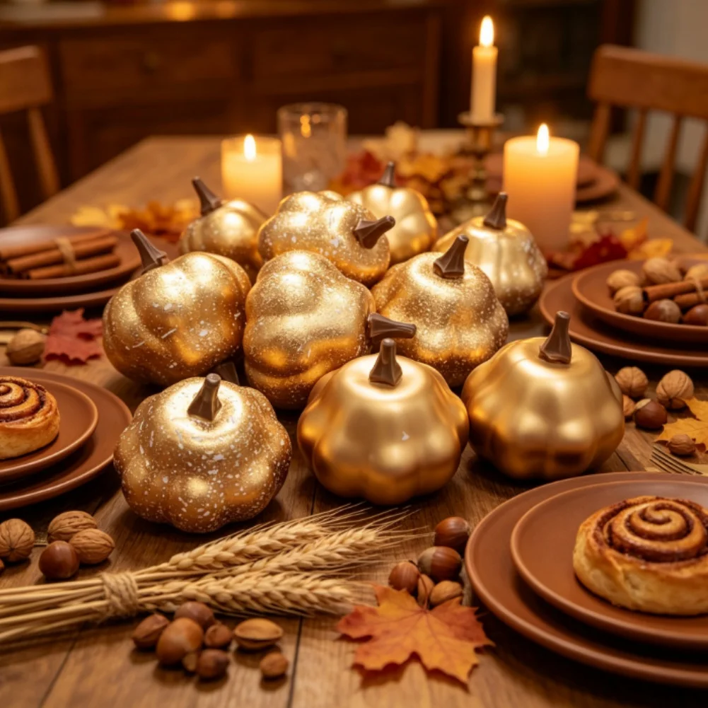 20PCS Golden Artificial Pumpkins 6.3cm Small Plastic Gourd Ornaments For Autumn Halloween Christmas Home Table Party Decoration