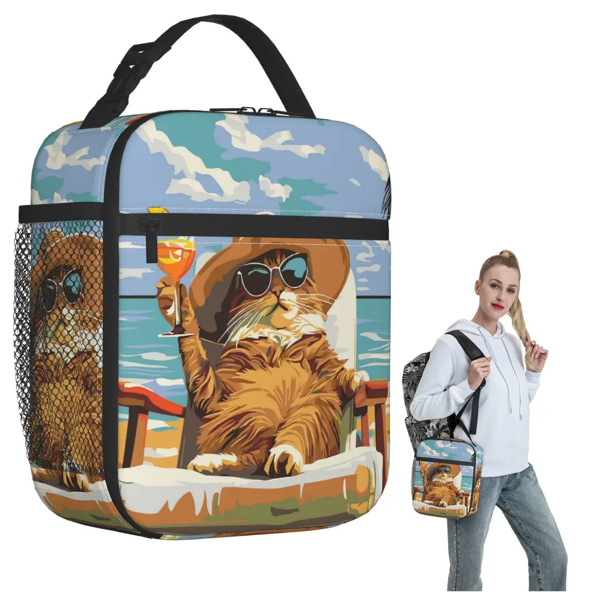 

Термосумка для обедов с рисунком кошки для женщин и детей, герметичная, для еды, термосумка-тоут