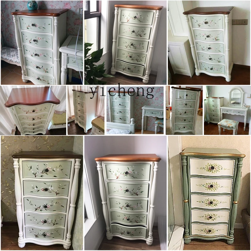 

TQH Storage Five-Drawer Side Cabinet Living Room Painted American Style Drawer Cabinet Solid Wood Chest of Drawers Decorative
