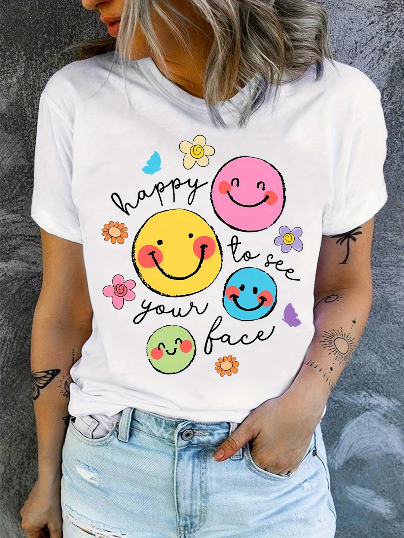 Fun Cartoon Smiley Face Printed T-shirt, Back To School Teacher T-shirt, Happy To See Your Face T-shirt, Teacher Life T-shirt