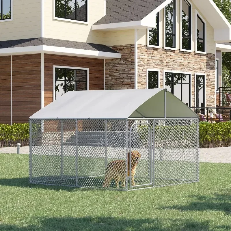 Large Dog Kennel Outside, Heavy Duty Dog Cage with Waterproof Cover, Outdoor Fence Dog Run with Galvanized Chain Link