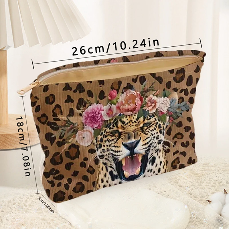 Fashionable Tiger Leopard Print Corduroy Makeup Bag With Zipper, Lightweight Multifunctional Cosmetic Storage Bag With Lining