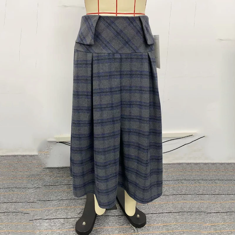 Women Vintage Plaid Office Party 2 Piece Sets Stand Collar Double Breasted Bubble Sleeves Jacket & High Waisted Midi Skirt Suits view 5