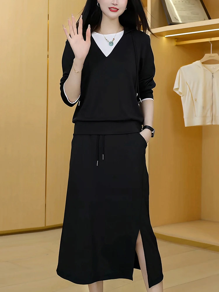 Conjunto de dos piezas de Top y falda coreana para mujer, camiseta larga ajustada de cintura alta, novedad de otoño