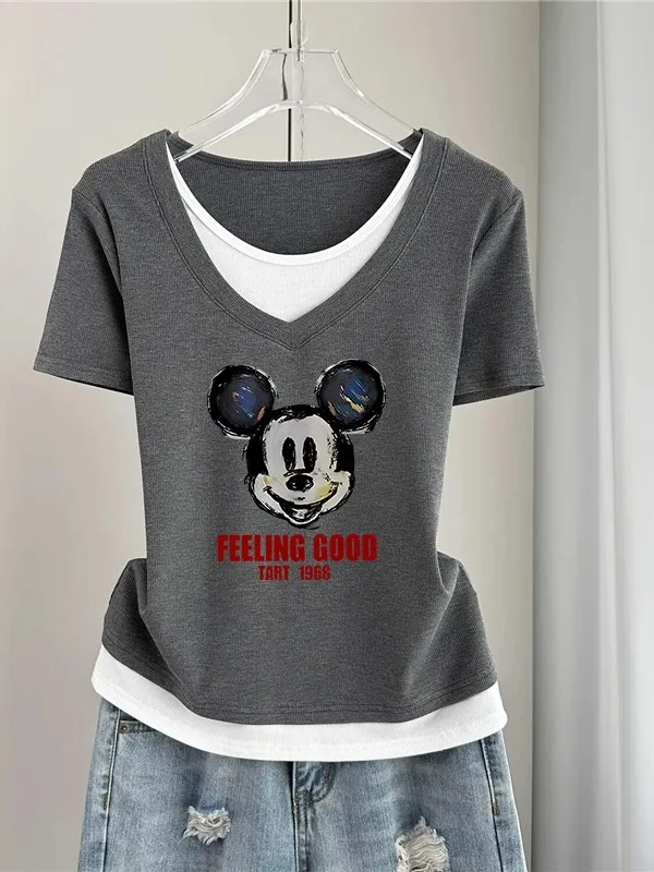 

Женская повседневная универсальная цветная футболка больших размеров Blo V-Ne ort Sve, летний дизайн Sense, искусственный топ из двух предметов, корейский слэ...