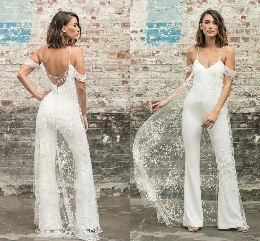 Off The Shoulder Jumpsuit pernikahan gaun pengantin Sheath Tulle renda Boho gaun pernikahan pengantin Jumpsuit Vestidos De Novia