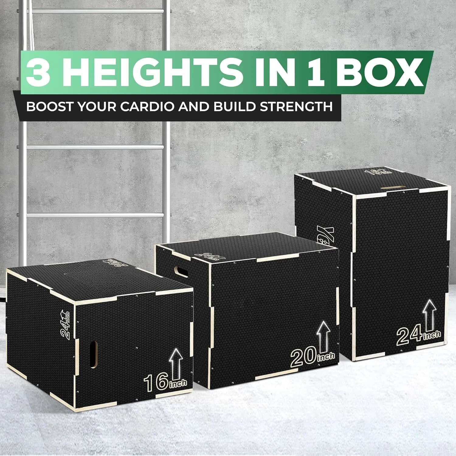 

3 in 1 Non-Slip Wooden Box, Step Up Box for Workout, Plyometric Jump Box for Skipping, Jumping, Lunges, Squats, Dips