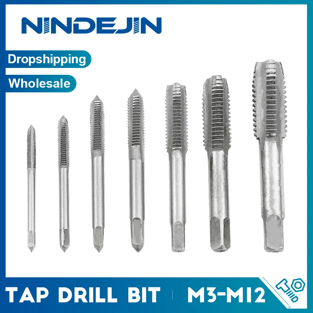 Nindejin 7 pçs torneira broca métrica mão parafuso espiral rosca métrica plug tap M3-M12 de alta velocidade rosca de aço broca mão