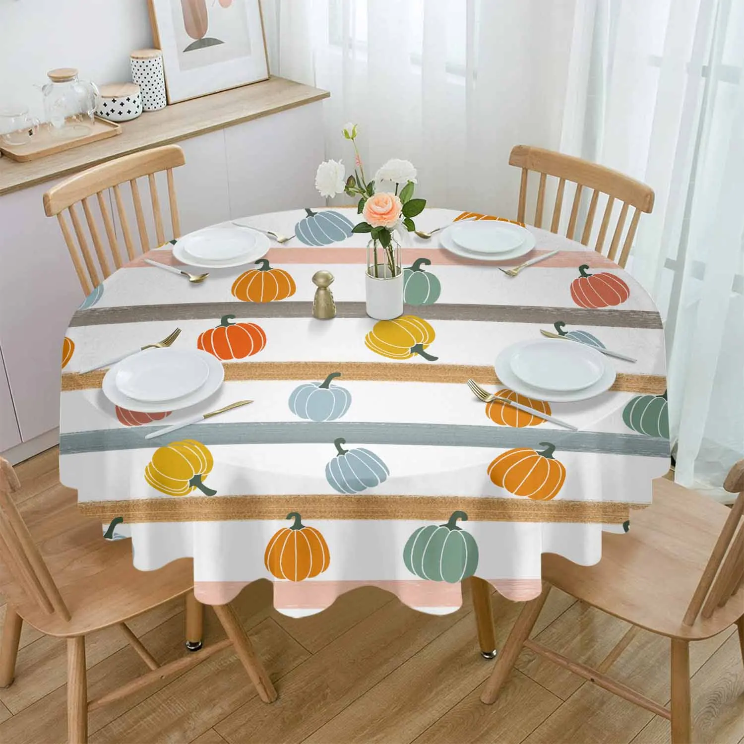 Hand Drawn Pumpkin Leaf Lines Waterproof Tablecloth Tea Table Decoration Round Table Cover For Kitchen Wedding Home