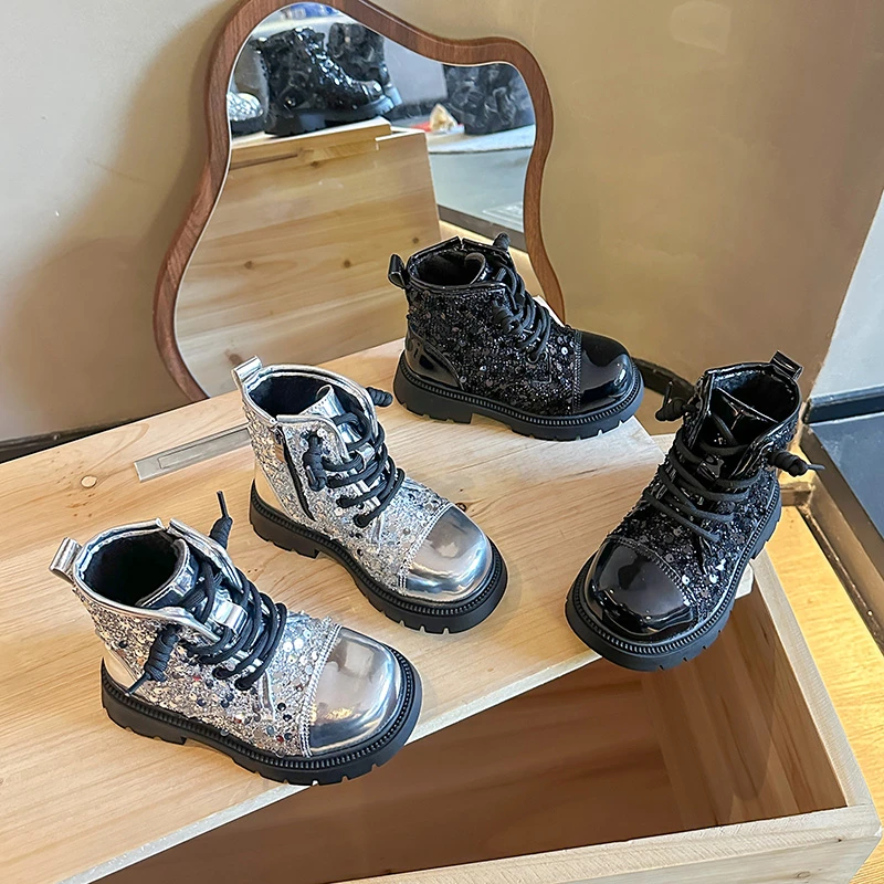 New Children's Ankle Boots 2025 Classic Girls Sequins School Catwalk Boots Thick Bottom Fashion Kids Causal Dress Leather Boots