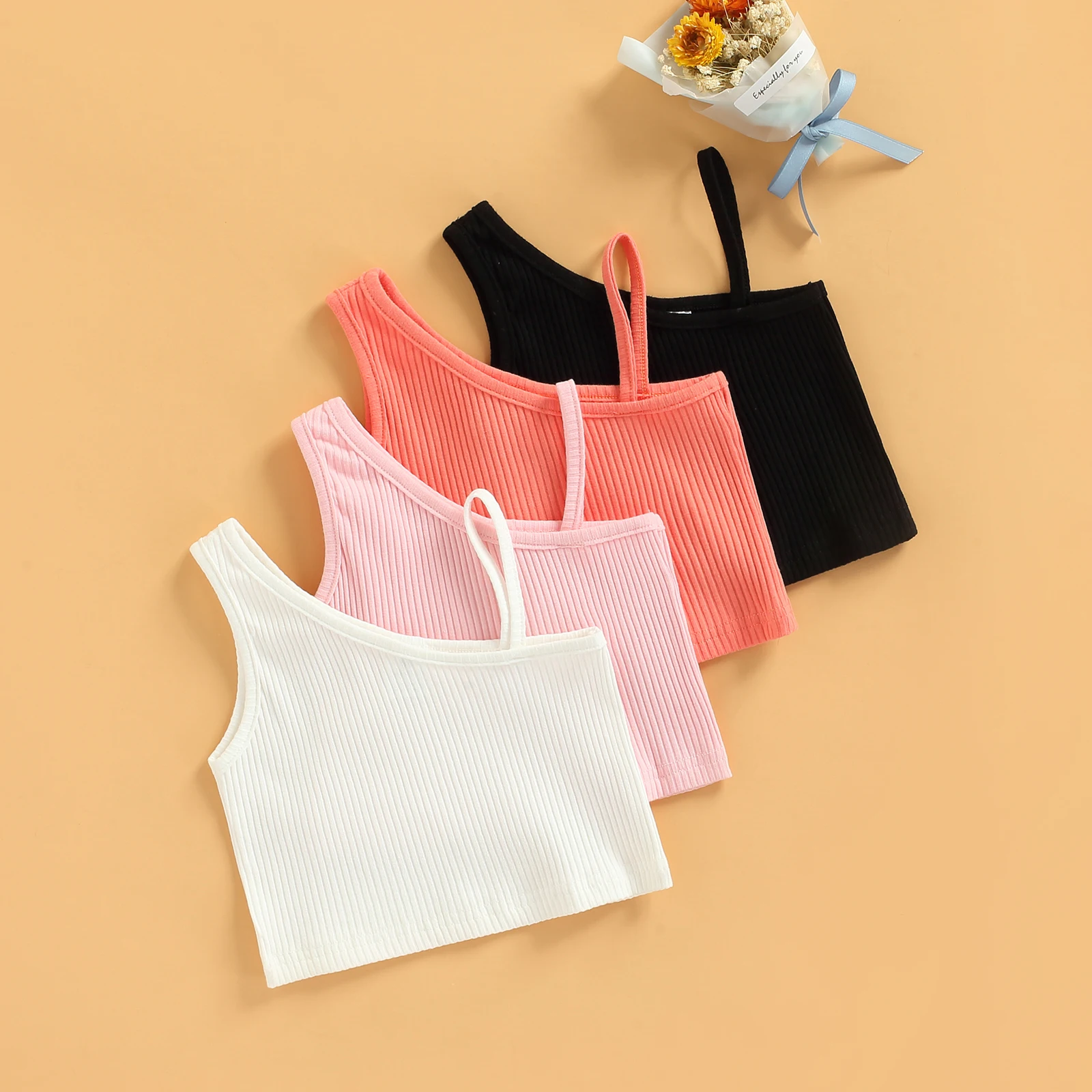 

Baby Girls Camisole Sloping Shoulder Rib Sleeveless Strap Solid Color Crop Tank Tops Summer Fashion Casual Vest Top 2-8Y Outfits