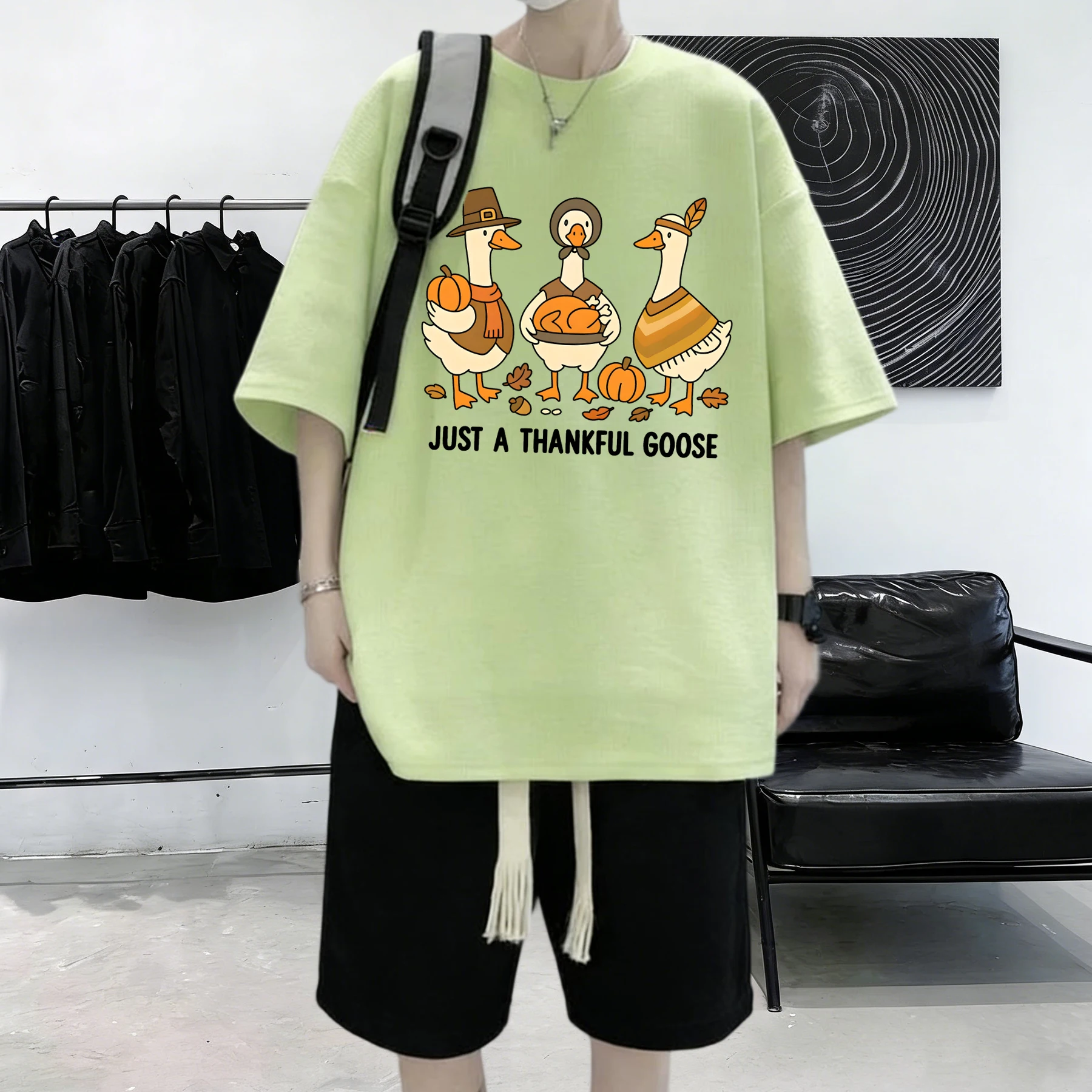 Just A Thankful Goose Printed S-3Xl Loose Tops Cotton Soft Summer Clothes Men Daily T-Shirt Breathable Korean Short Sleeve