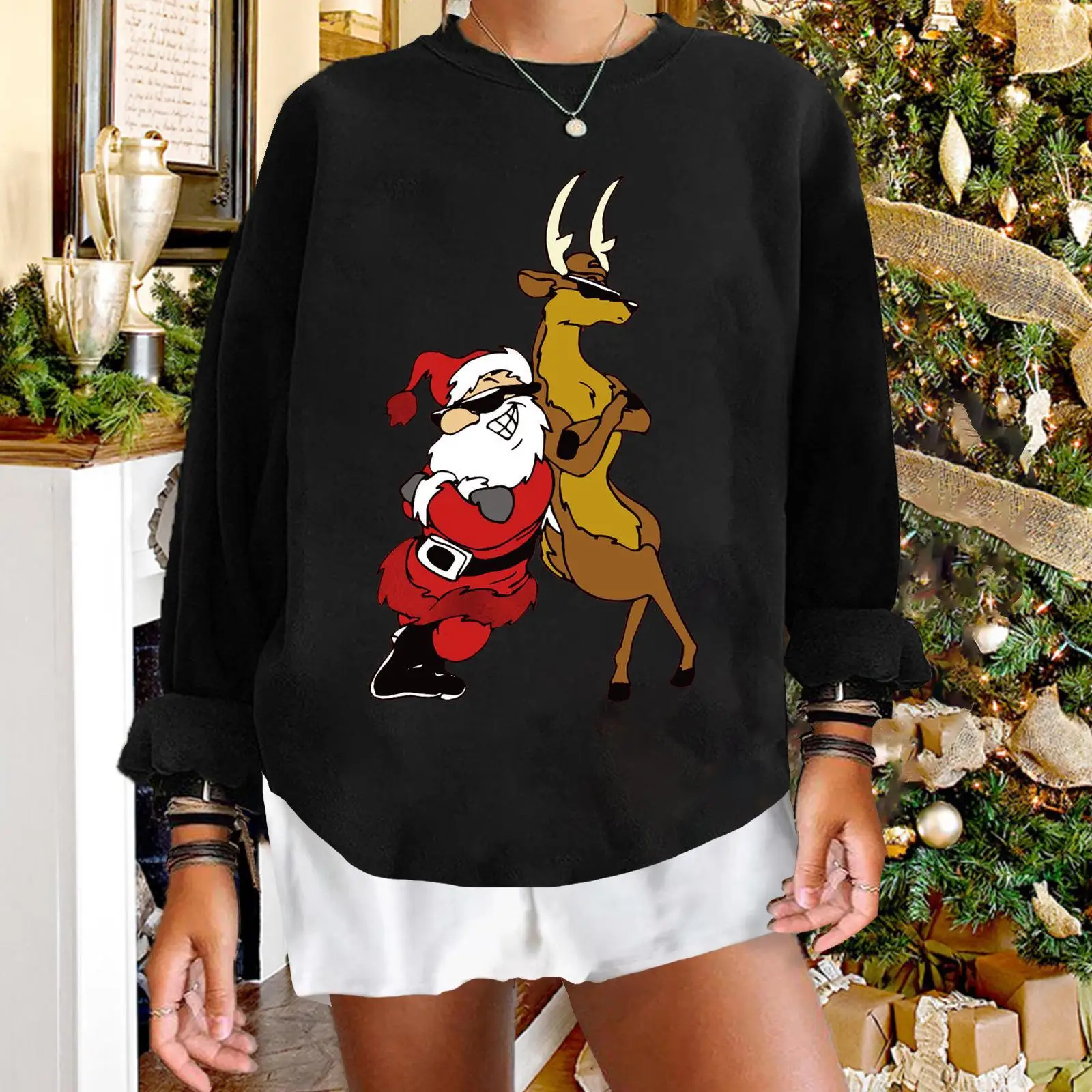 2022 New Hoodie Female Christmas Hoodie European and American European Size Women's Santa Claus Elk Print Sportswear Outerwear