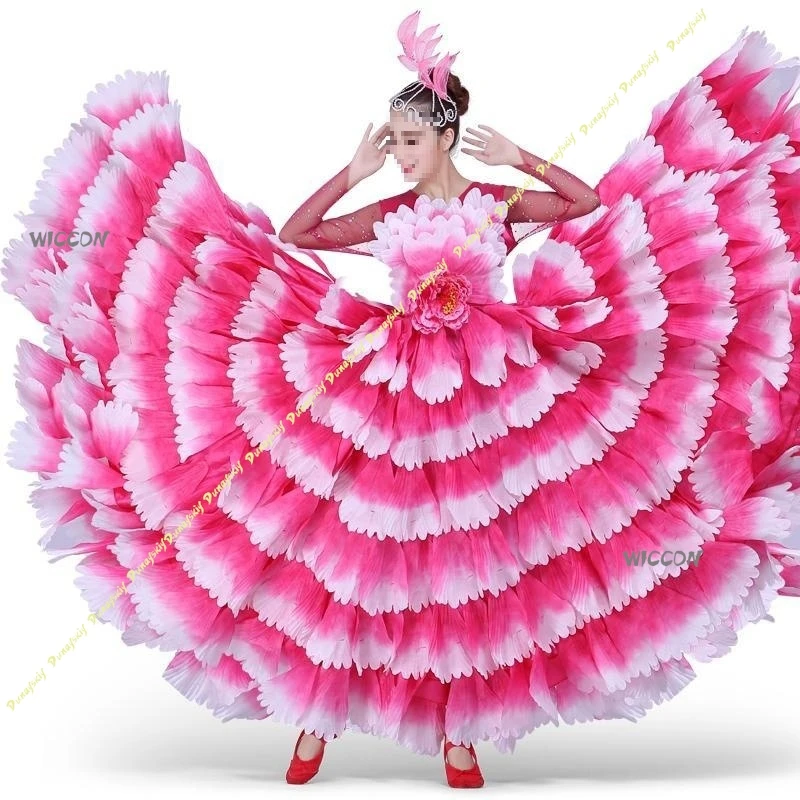 Nuevo Vestido de Danza Española para Mujer, Traje de Pétalos para Flamenco, Vestido Gitano de Flamenco con Movimiento de 360/540/720 Grados