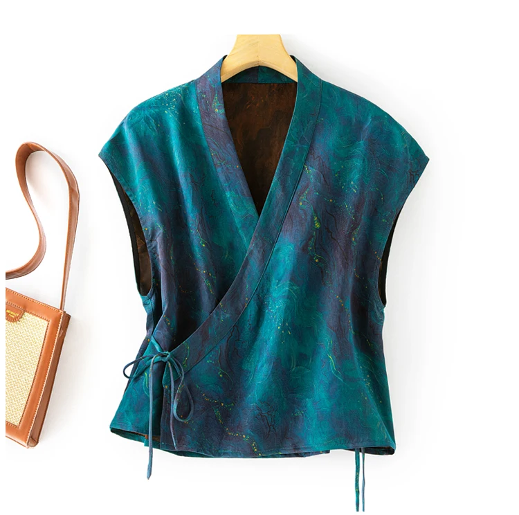 2025 Women's Summer New Breathable 100% Natural Mulberry Silk Gambiered Guangdong Gauze Tea Robe V-neck Strap Short Top