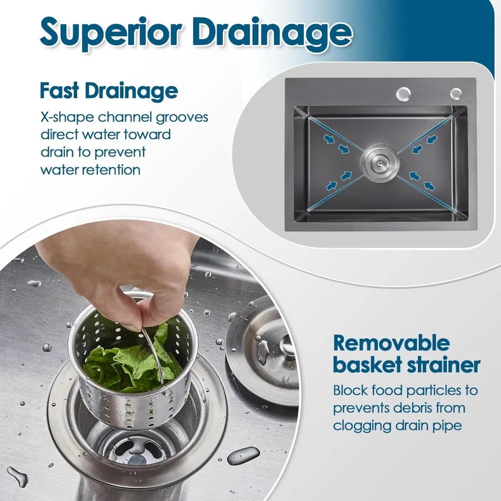 حوض مطبخ ستانلس ستيل، 20 × 16 × 9، وعاء فردي، حامل علوي، حوض إعداد مصنوع يدويًا للمساحات الصغيرة