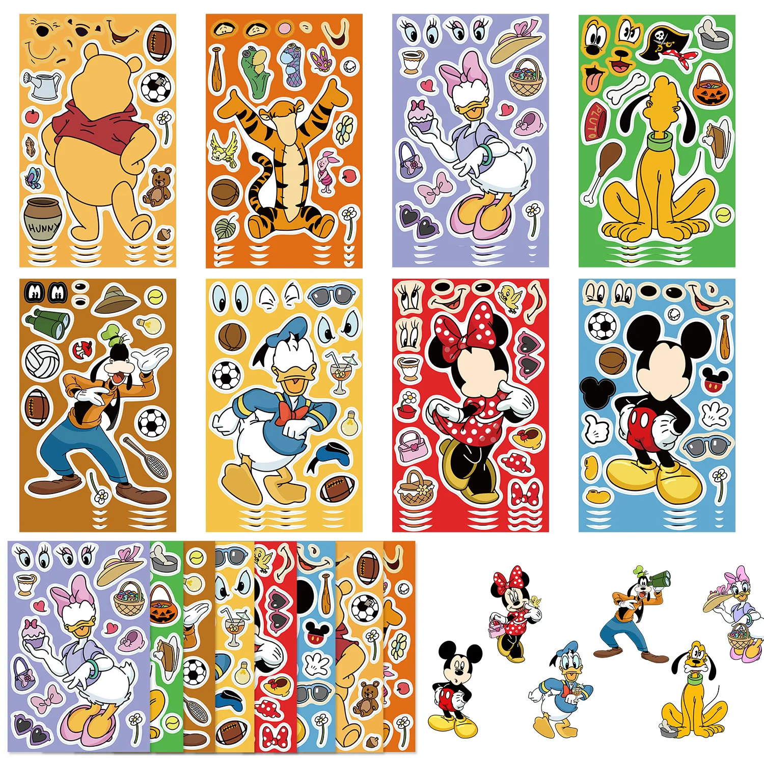 Pegatinas de dibujos animados de Disney para niños, 8 piezas, Mickey, Minnie, Kawaii, Pato Donald, juguetes de ensamblar, juego divertido, regalo de