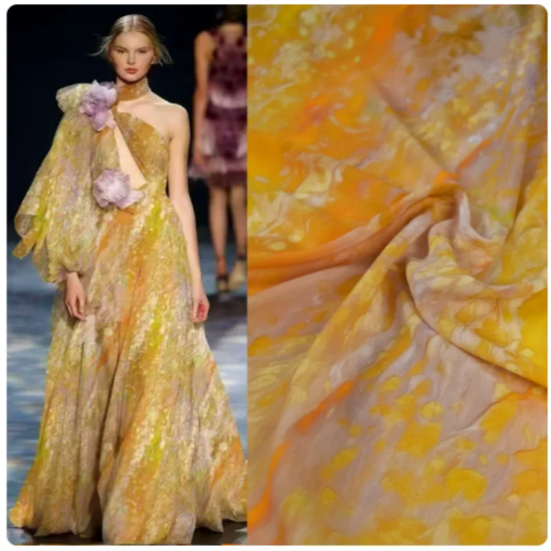 Fashion Yellow Abstract Print Chiffon Fabric For Spring Summer Shirt Women's Dress Cloth, Soft Not Transparent, T2434