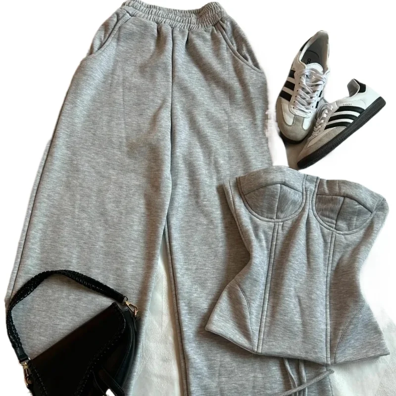 

New retro light gray suit for women sexy slim body suit Goth high waist casual sweatpants hot girls spring two-piece set