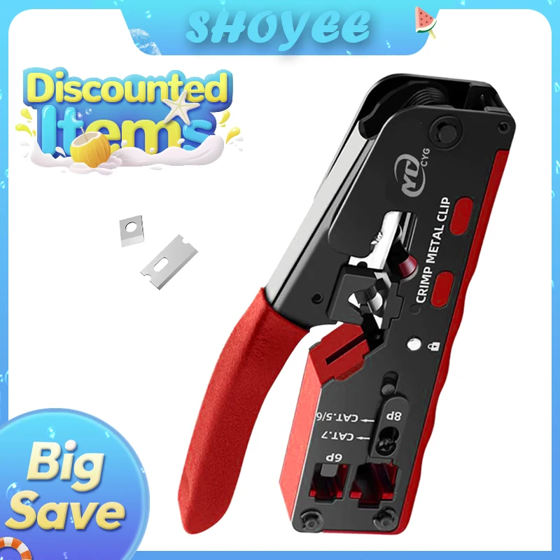 Rj45 Rj12 Rj11 Pass Through Crimp Plier Cat7 Cat6 Cat6A Cat5 Cat5e Stripping Crimping Tool with 8P/6P Ethernet Connectors